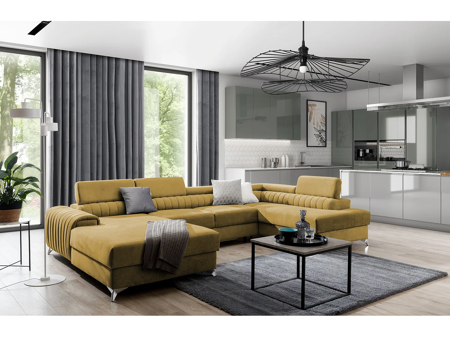 Canapé d'angle U tissu jaune coffre de rangement à droite Kalante 347cm