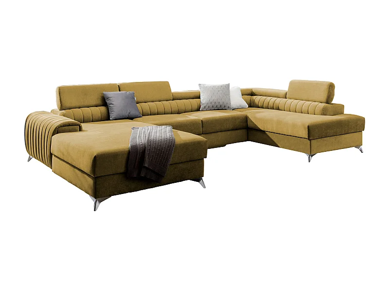 Canapé d'angle U tissu jaune coffre de rangement à droite Kalante 347cm