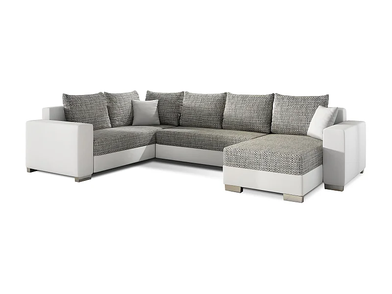 Canapé U convertible tissu gris clair chiné et simili blanc coffre de rangement à droite Marry 321cm