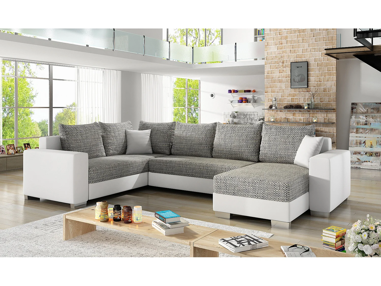 Canapé U convertible tissu gris clair chiné et simili blanc coffre de rangement à droite Marry 321cm