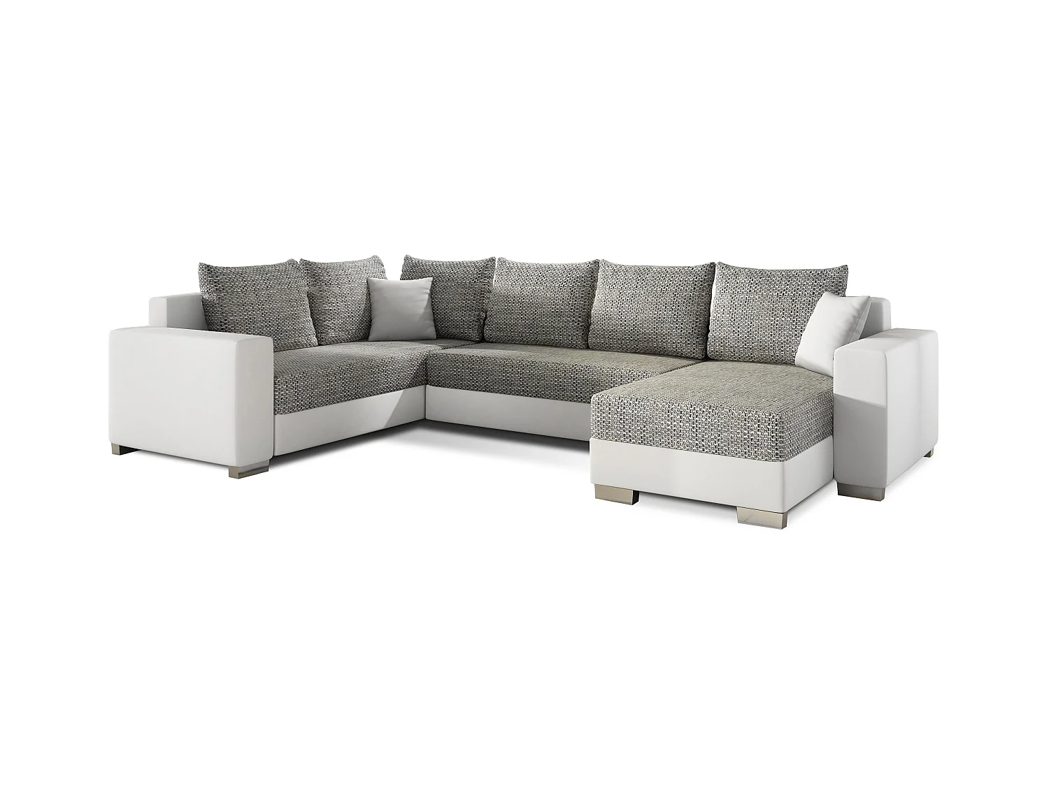 Canapé U convertible tissu gris clair chiné et simili blanc coffre de rangement à droite Marry 321cm