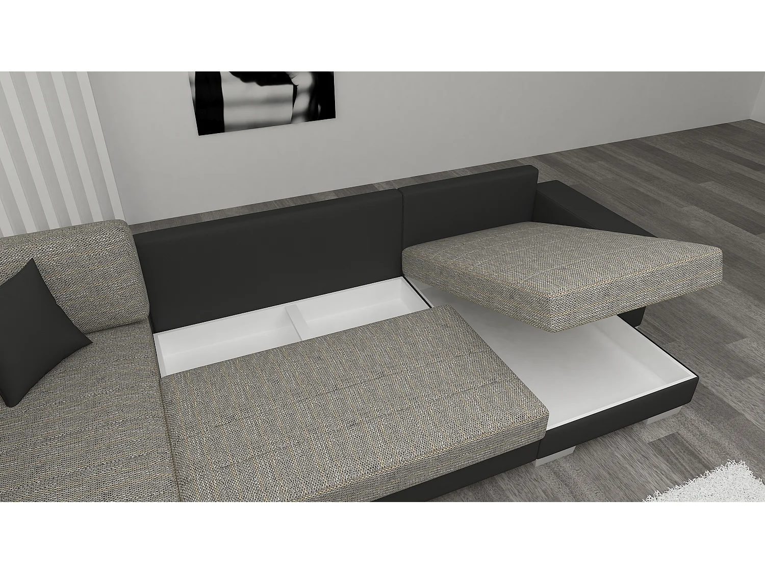 Canapé U convertible tissu gris clair chiné et simili blanc coffre de rangement à droite Marry 321cm