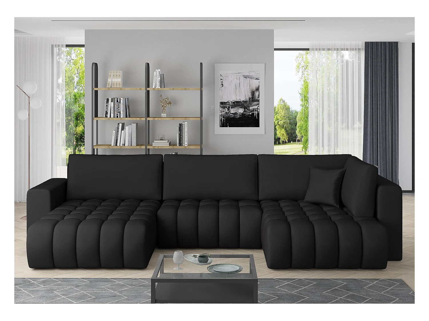 Canapé panoramique convertible design capitonné simili cuir noir méridienne gauche Boston 350cm
