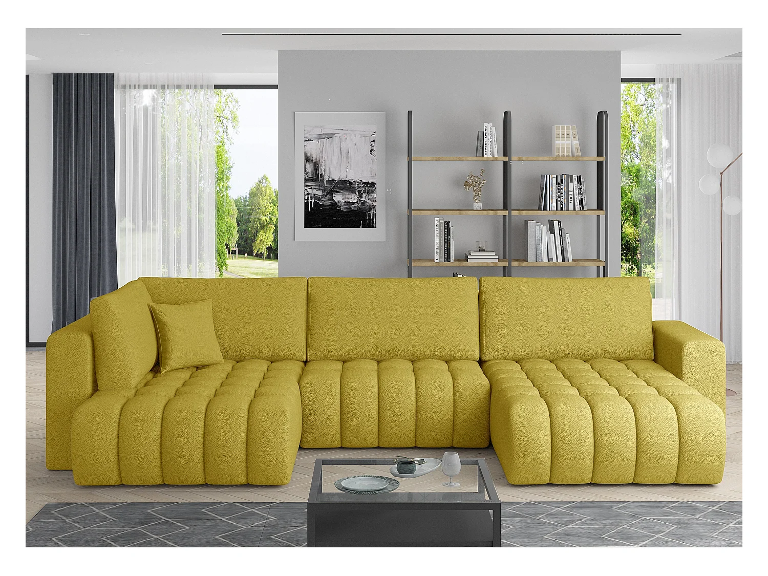 Canapé panoramique convertible design capitonné tissu jaune méridienne droite Boston 350cm