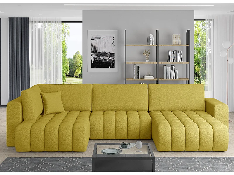Canapé panoramique convertible design capitonné tissu jaune méridienne droite Boston 350cm
