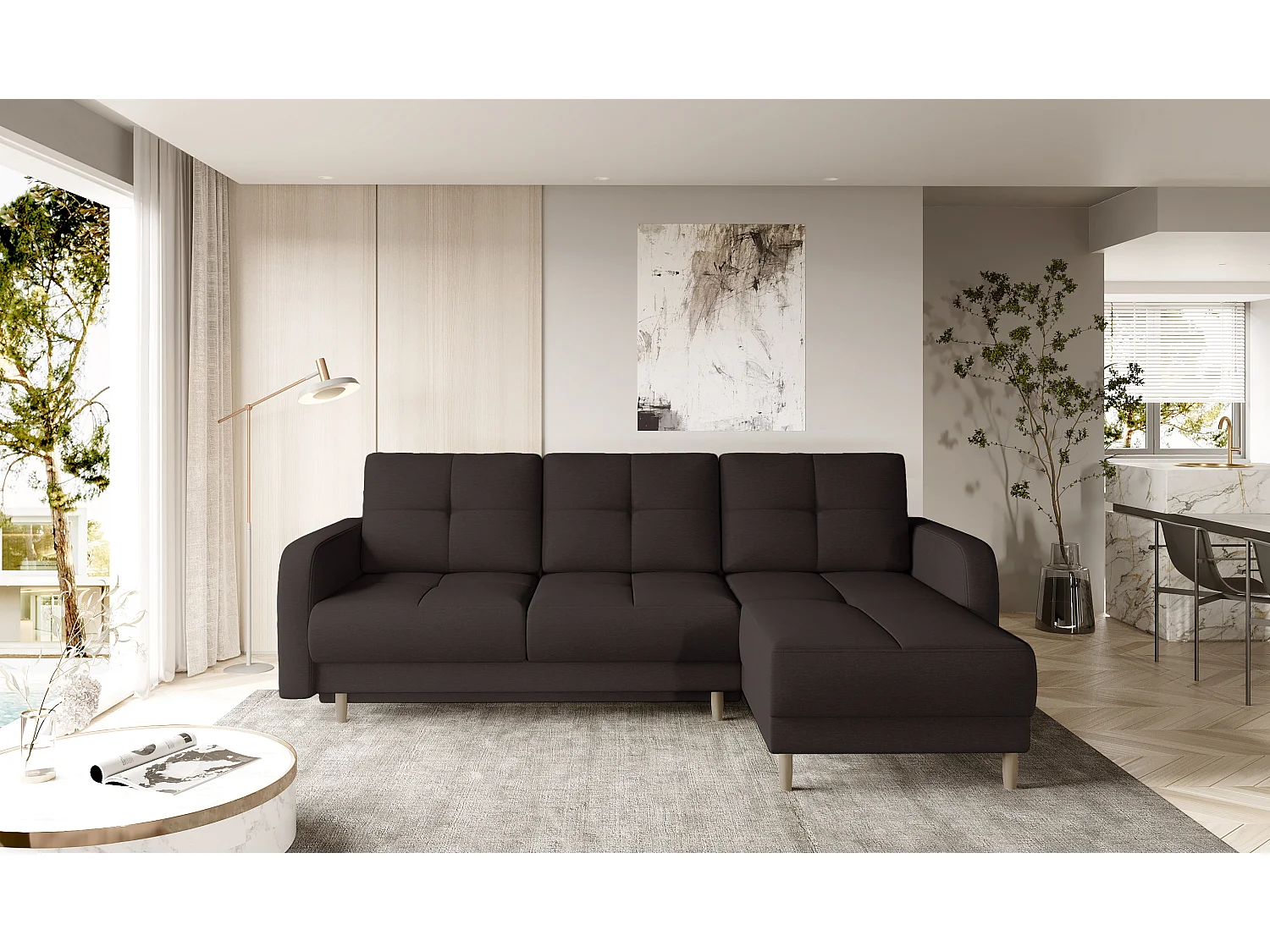 Sofá esquinero convertible y reversible de tela KINDO - Patas de madera clara-Color Marrón