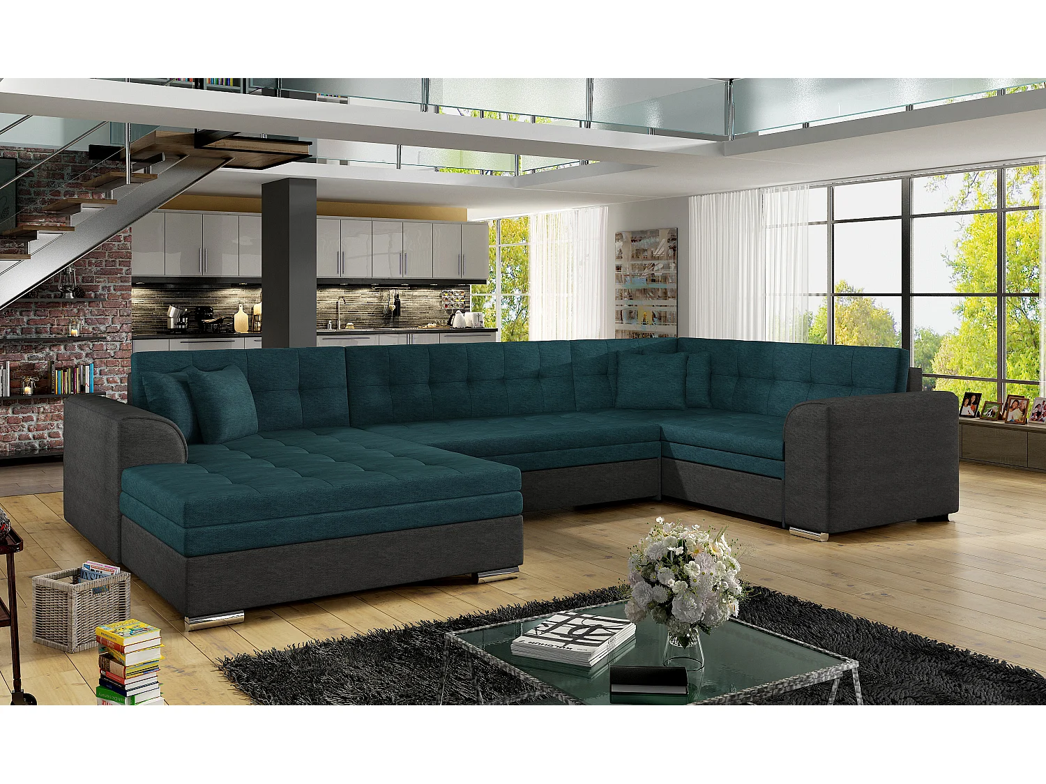 Panoramische slaapbank in zachtgroene en donkergrijze stof chaise longue links Diana 340 cm