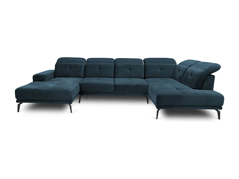 Canapé panoramique moderne tissu bleu foncé têtières angle droit Versus 350cm