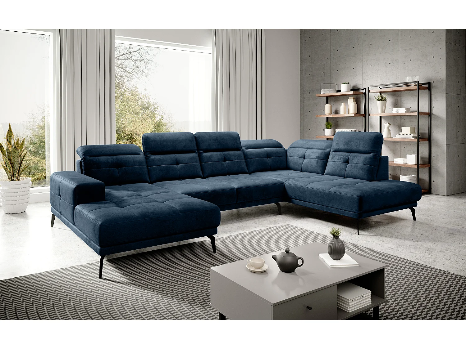 Canapé panoramique moderne tissu bleu foncé têtières angle droit Versus 350cm