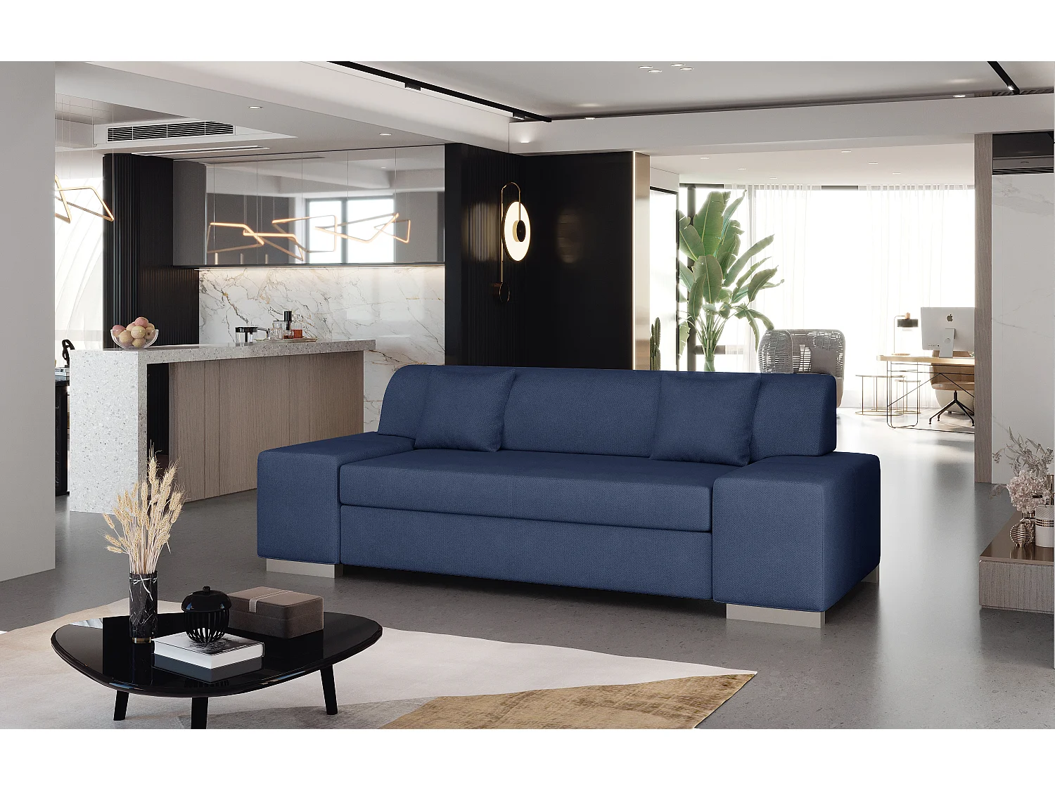 Canapé minimaliste 3-4 places tissu bleu turquin Plazo 210cm