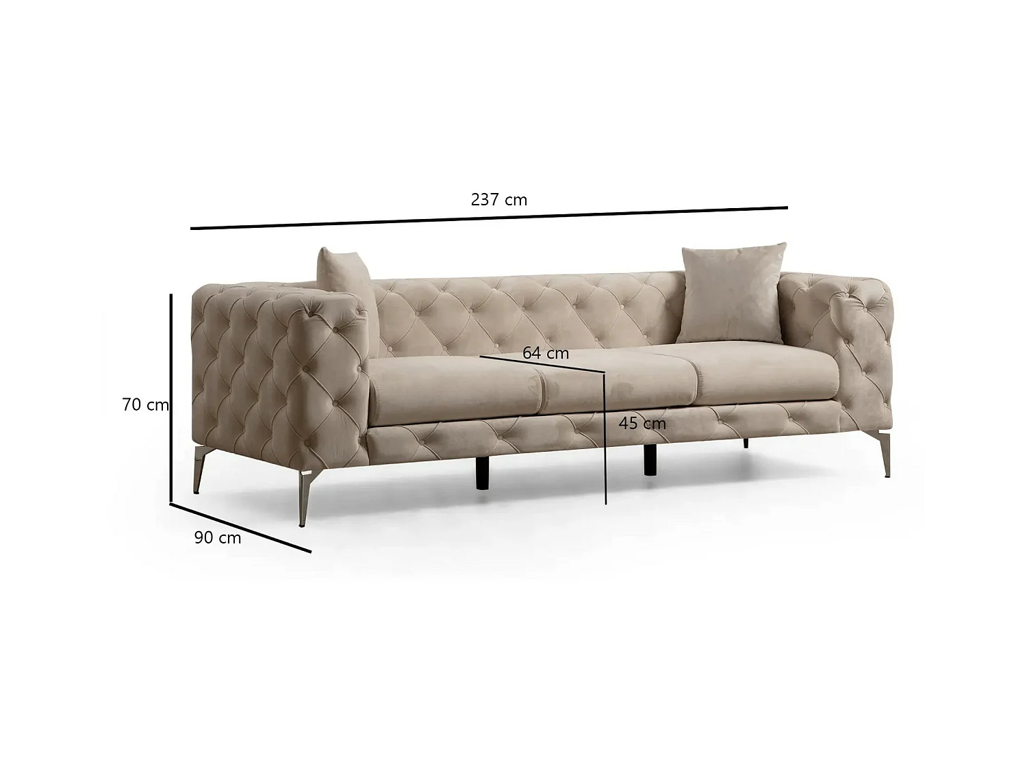 Canapé 3 places capitonné velours beige clair et pieds chromé Herakles 237cm