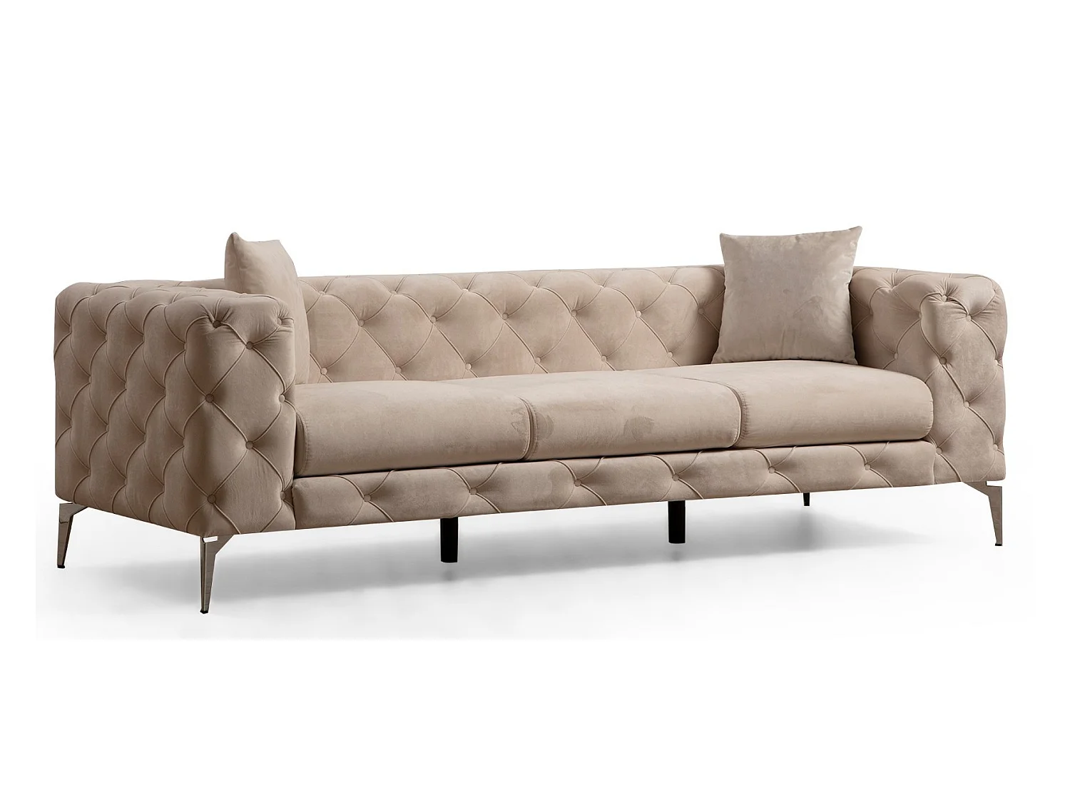 Canapé 3 places capitonné velours beige clair et pieds chromé Herakles 237cm