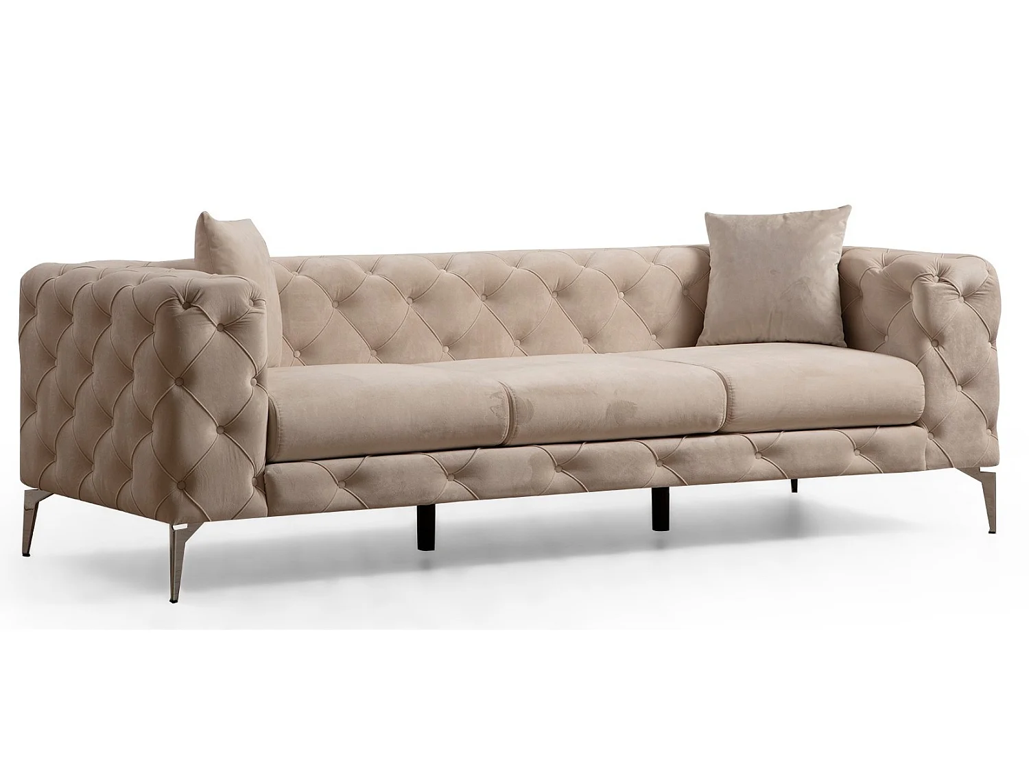 Canapé 3 places capitonné velours beige clair et pieds chromé Herakles 237cm