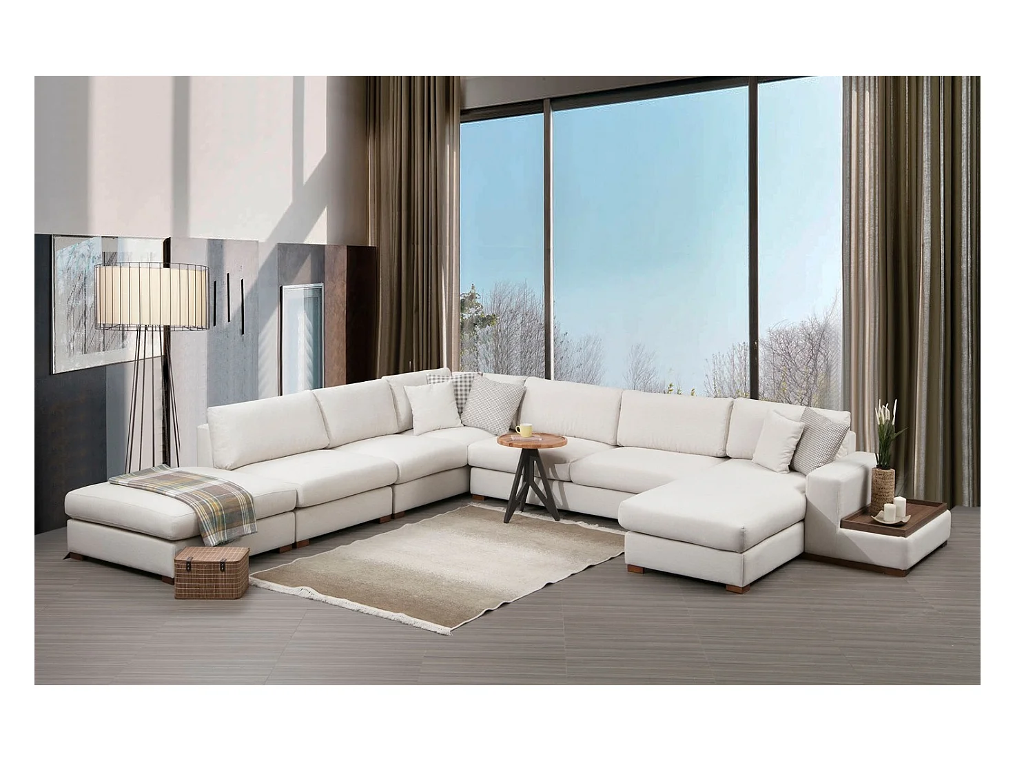 Canapé panoramique tissu beige clair avec étagère en bois et grande méridienne à gauche Zabora 374cm