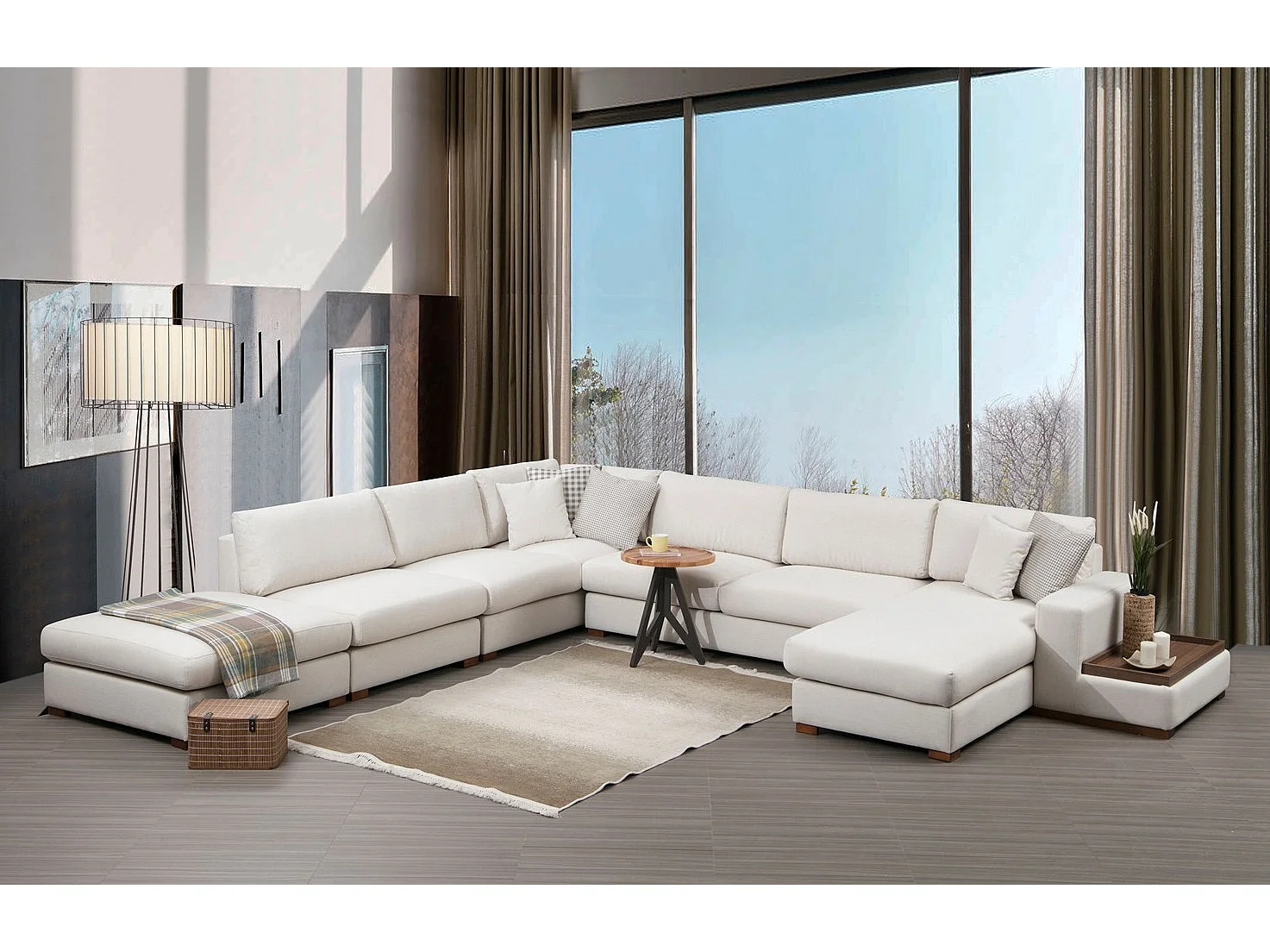 Canapé panoramique tissu beige clair avec étagère en bois et grande méridienne à gauche Zabora 374cm