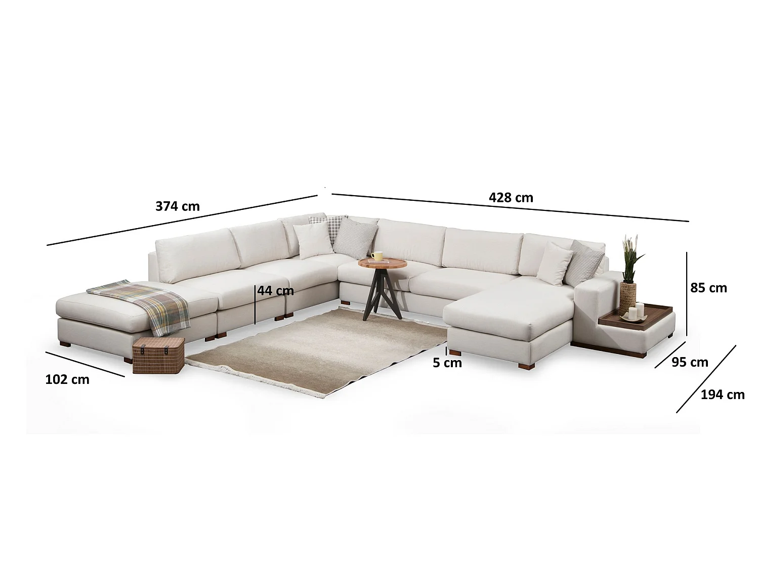 Panoramische bank in lichtbeige stof met houten plank en grote chaise longue links Zabora 374 cm