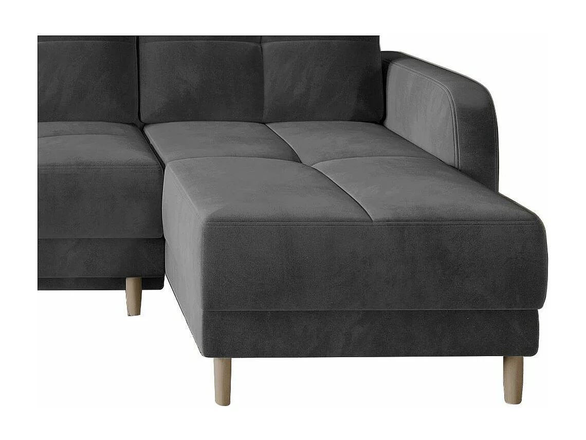 Scandinavische omkeerbare hoekbank in donkergrijs fluweel en lichthouten poten Kindo 240 cm