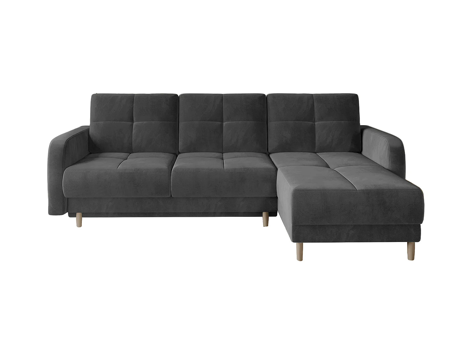 Canapé angle réversible Scandinave velours gris foncé et pieds bois clair Kindo 240cm