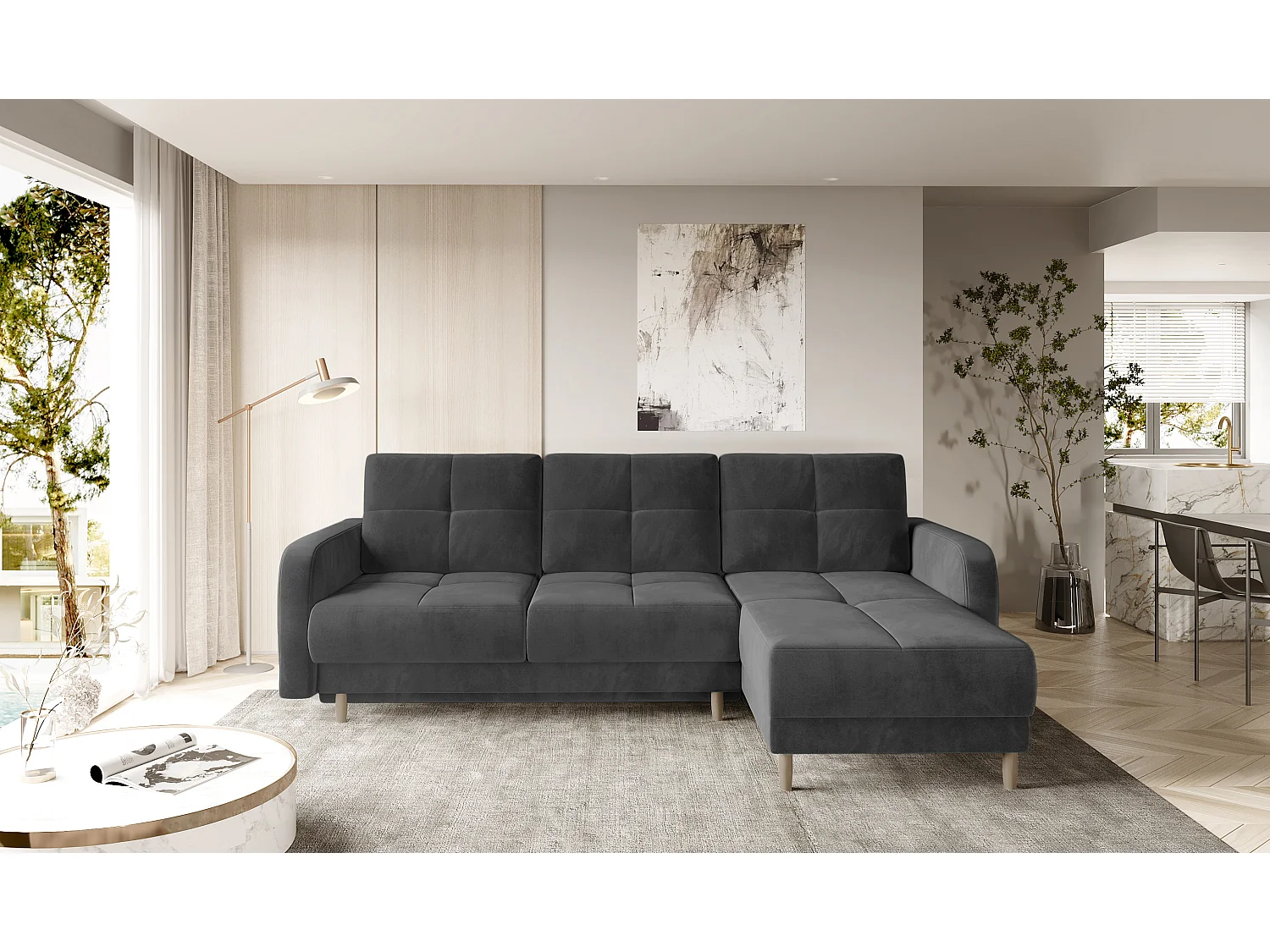 Canapé angle réversible Scandinave velours gris foncé et pieds bois clair Kindo 240cm