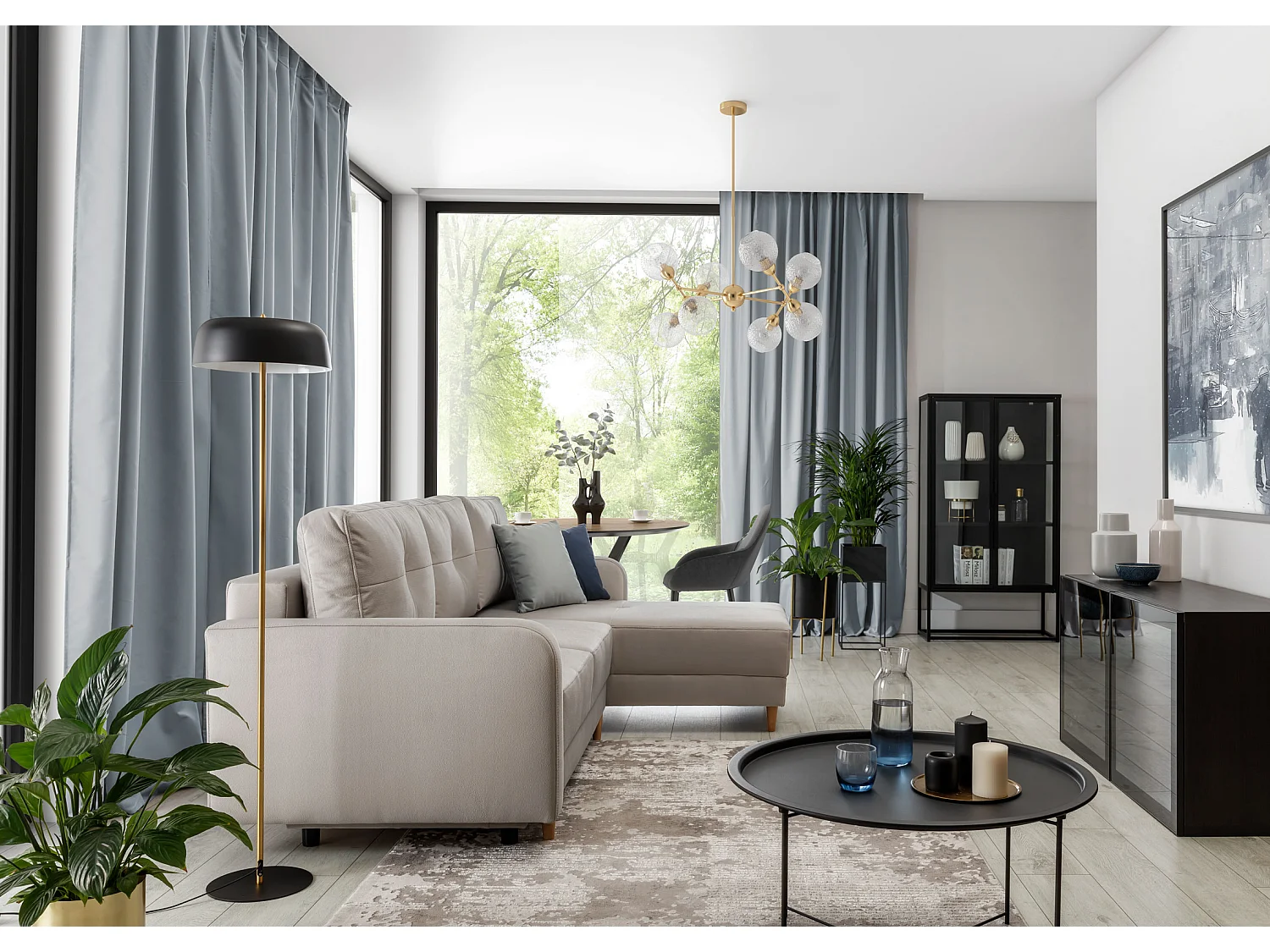 Canapé angle réversible Scandinave velours gris foncé et pieds bois clair Kindo 240cm