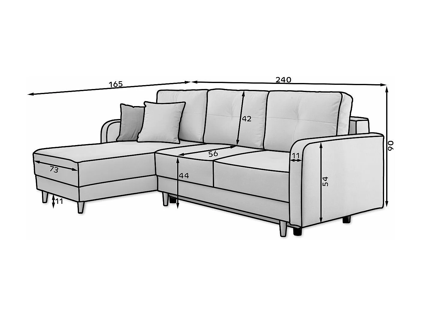 Canapé angle réversible Scandinave velours gris foncé et pieds bois clair Kindo 240cm