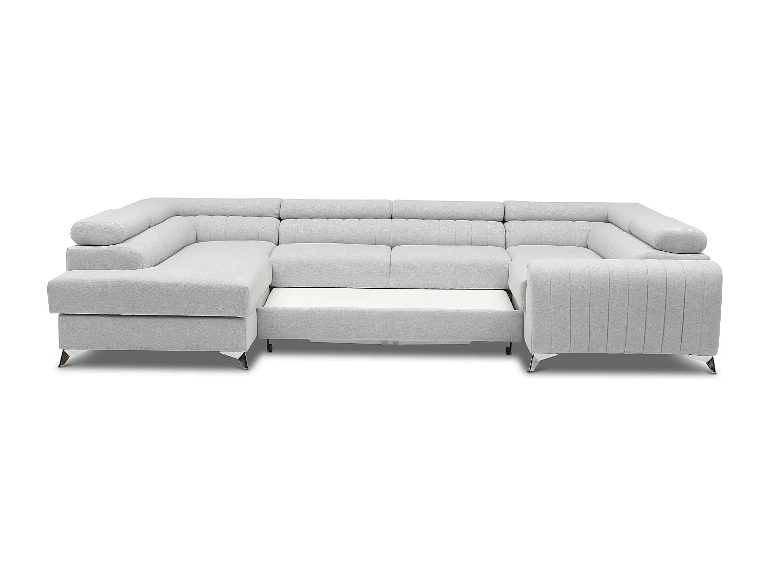 Canapé panoramique convertible tissu gris clair avec coffre de rangement Louve 340cm-Coffre de rangement à gauche