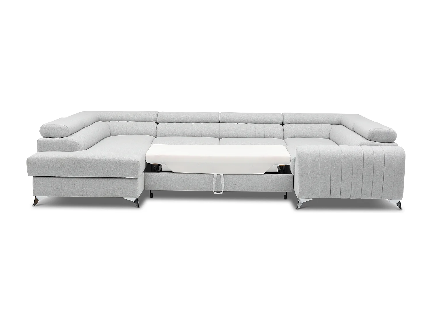 Canapé panoramique convertible tissu gris clair avec coffre de rangement Louve 340cm-Coffre de rangement à gauche