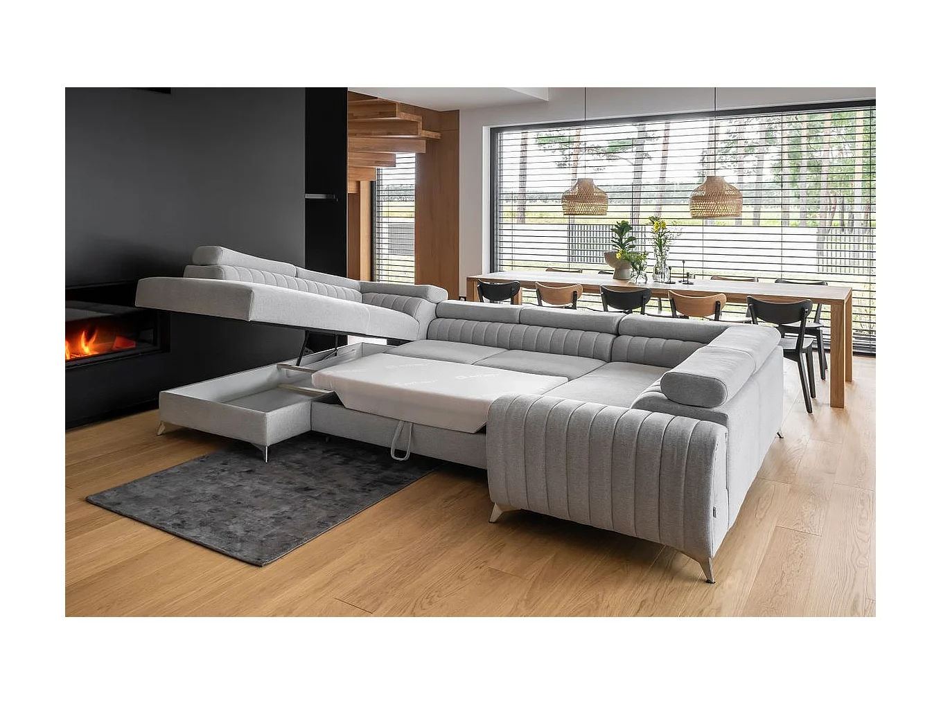 Canapé panoramique convertible LOUVE tissu - Rangement et têtières réglables-Gris clair chiné-Coffre à gauche