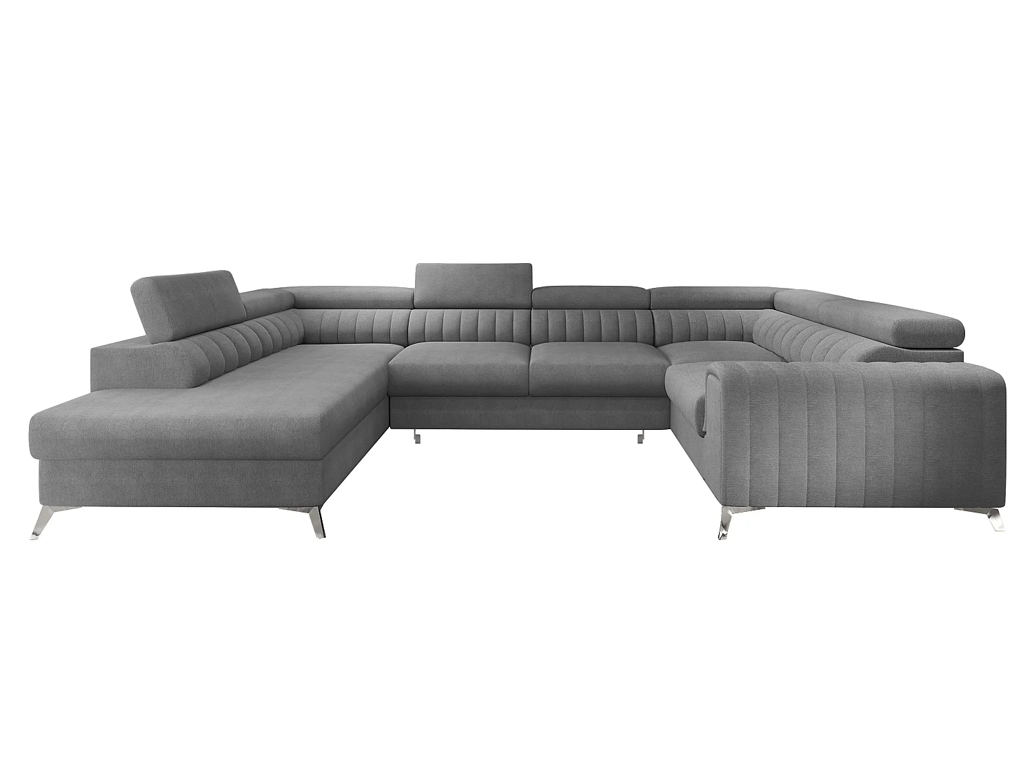 Canapé panoramique convertible LOUVE tissu - Rangement et têtières réglables-Gris clair chiné-Coffre à gauche