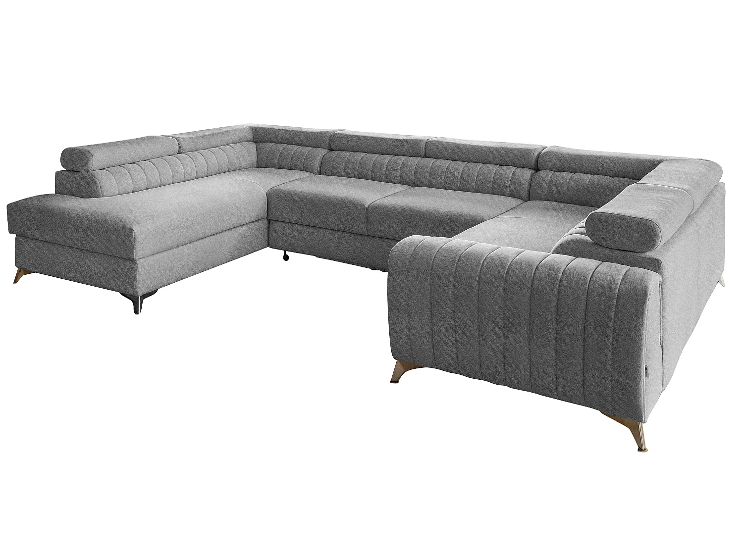 Canapé panoramique convertible LOUVE tissu - Rangement et têtières réglables-Gris clair chiné-Coffre à gauche