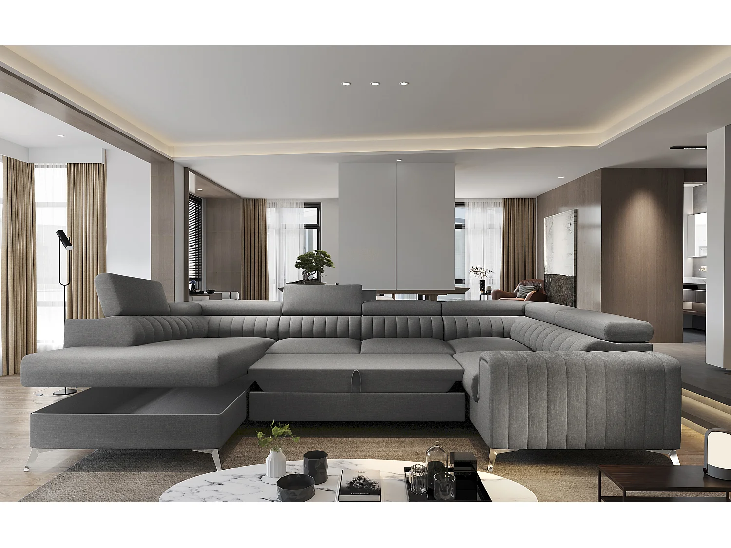 Canapé panoramique convertible LOUVE tissu - Rangement et têtières réglables-Gris clair chiné-Coffre à gauche