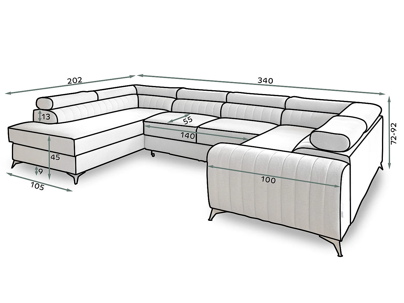 Canapé panoramique convertible LOUVE tissu - Rangement et têtières réglables-Gris clair chiné-Coffre à gauche
