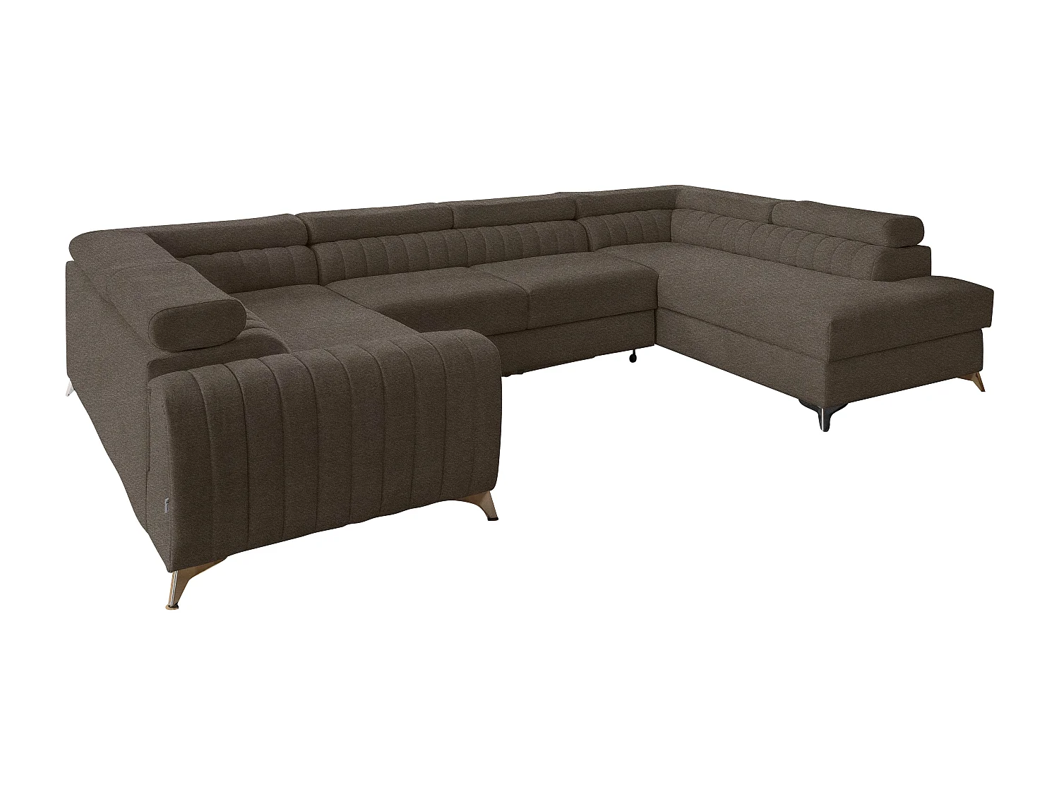 Panoramische slaapbank in bruine stof met opbergdoos Louve 340 cm-Opslagruimte naar rechts