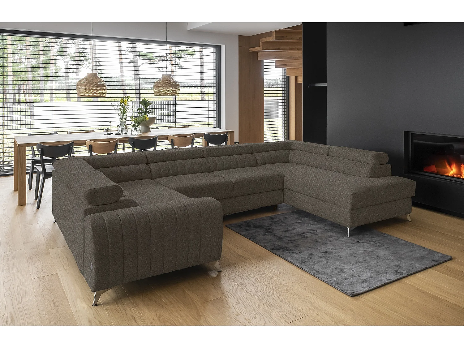 Panoramische slaapbank in bruine stof met opbergdoos Louve 340 cm-Opslagruimte naar rechts