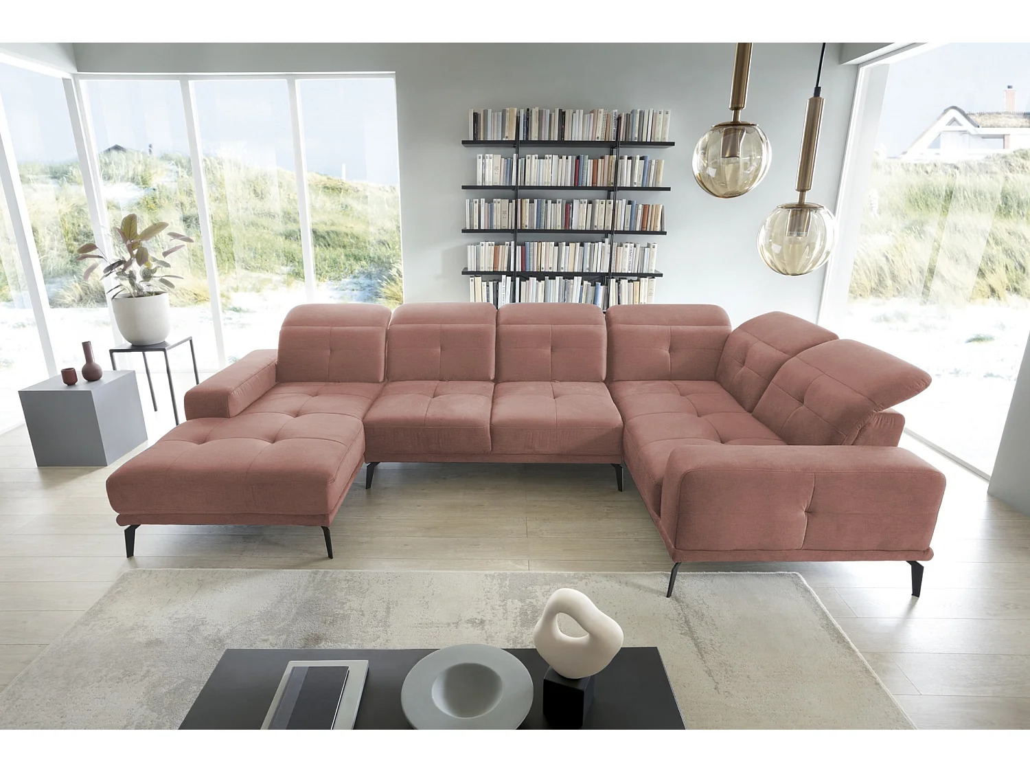 Canapé panoramique design tissu rose têtières angle droit avec accoudoir Stan 350cm