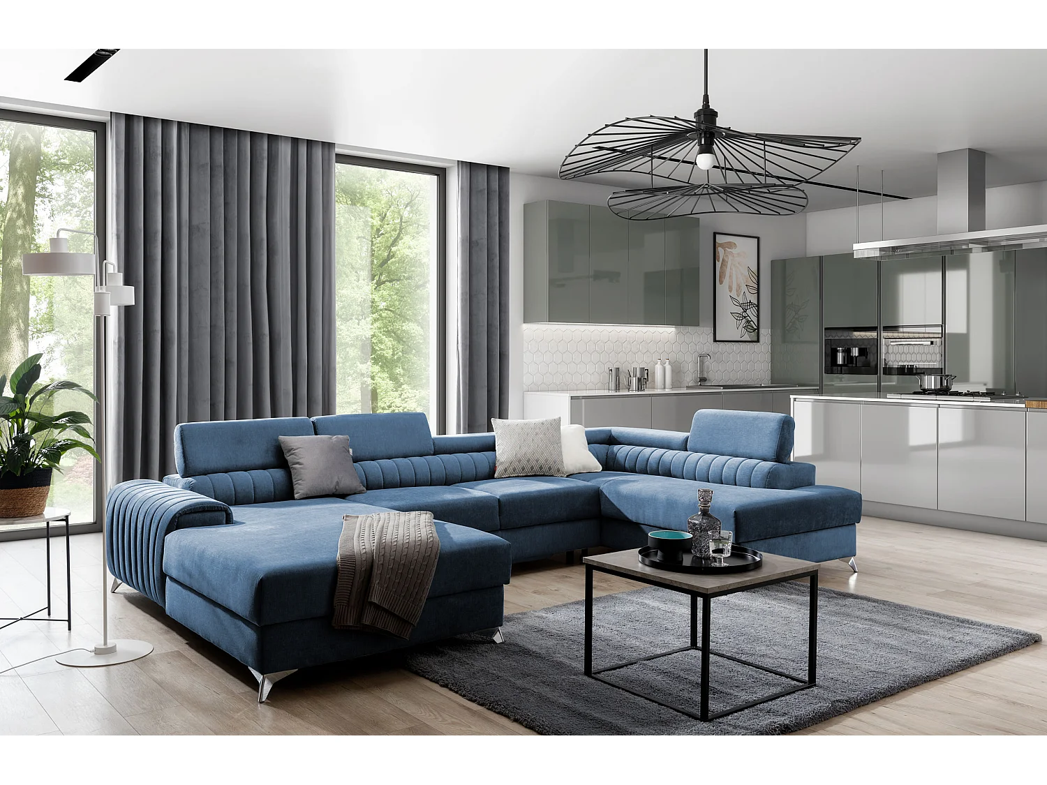 Canapé d'angle U tissu bleu coffre de rangement à droite Kalante 347cm