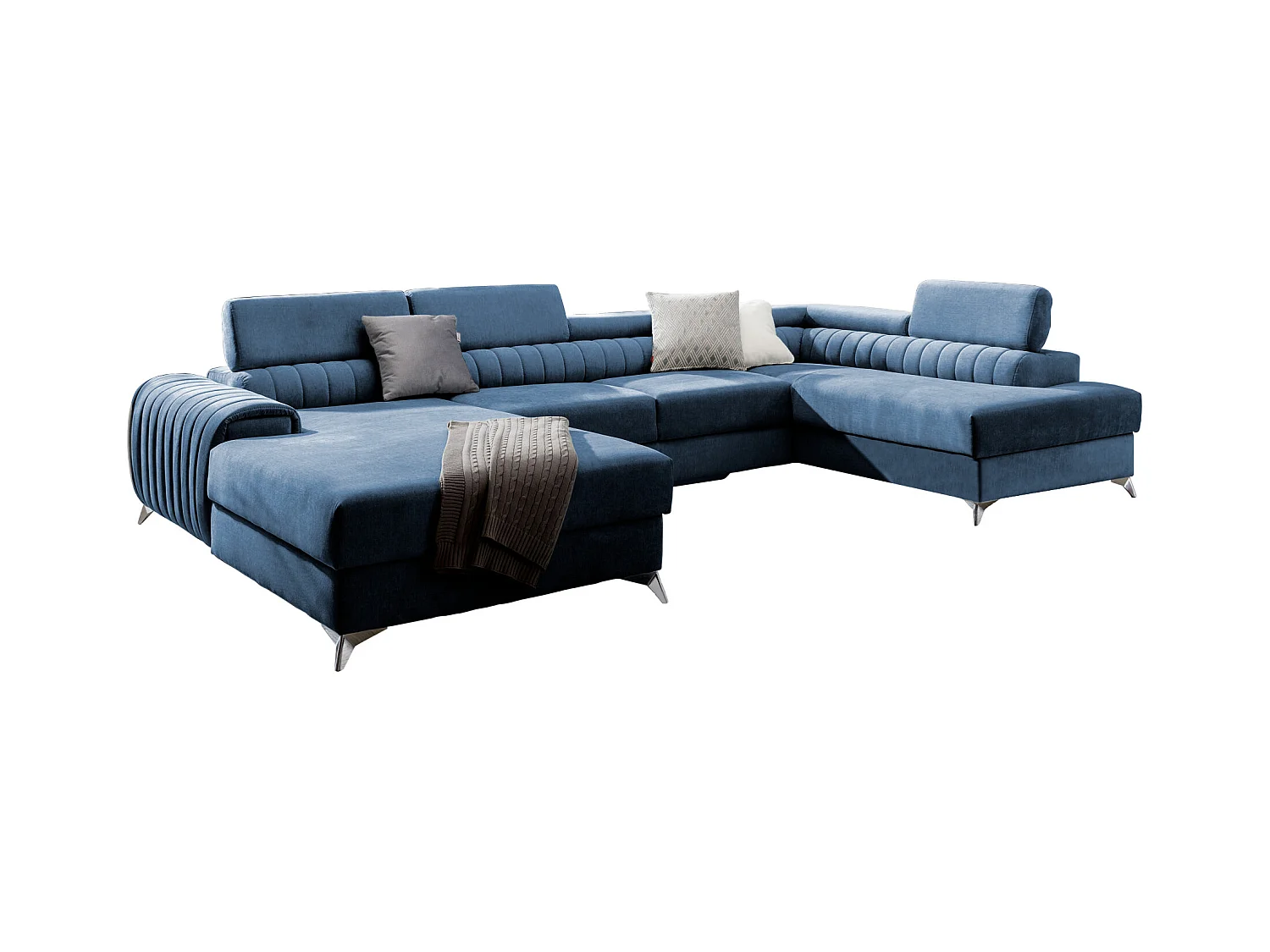 Canapé d'angle U tissu bleu coffre de rangement à droite Kalante 347cm