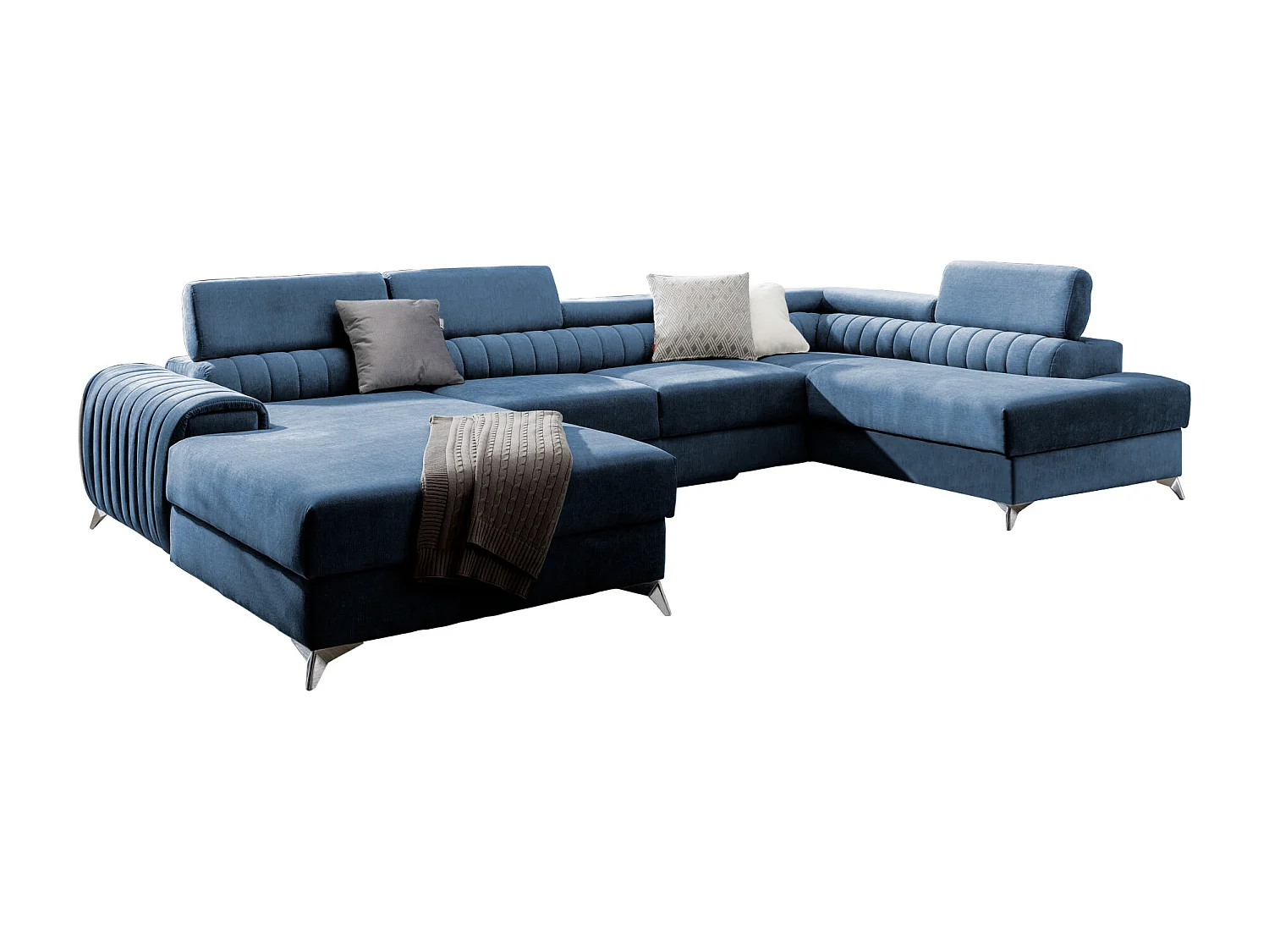 Canapé d'angle U tissu bleu coffre de rangement à droite Kalante 347cm