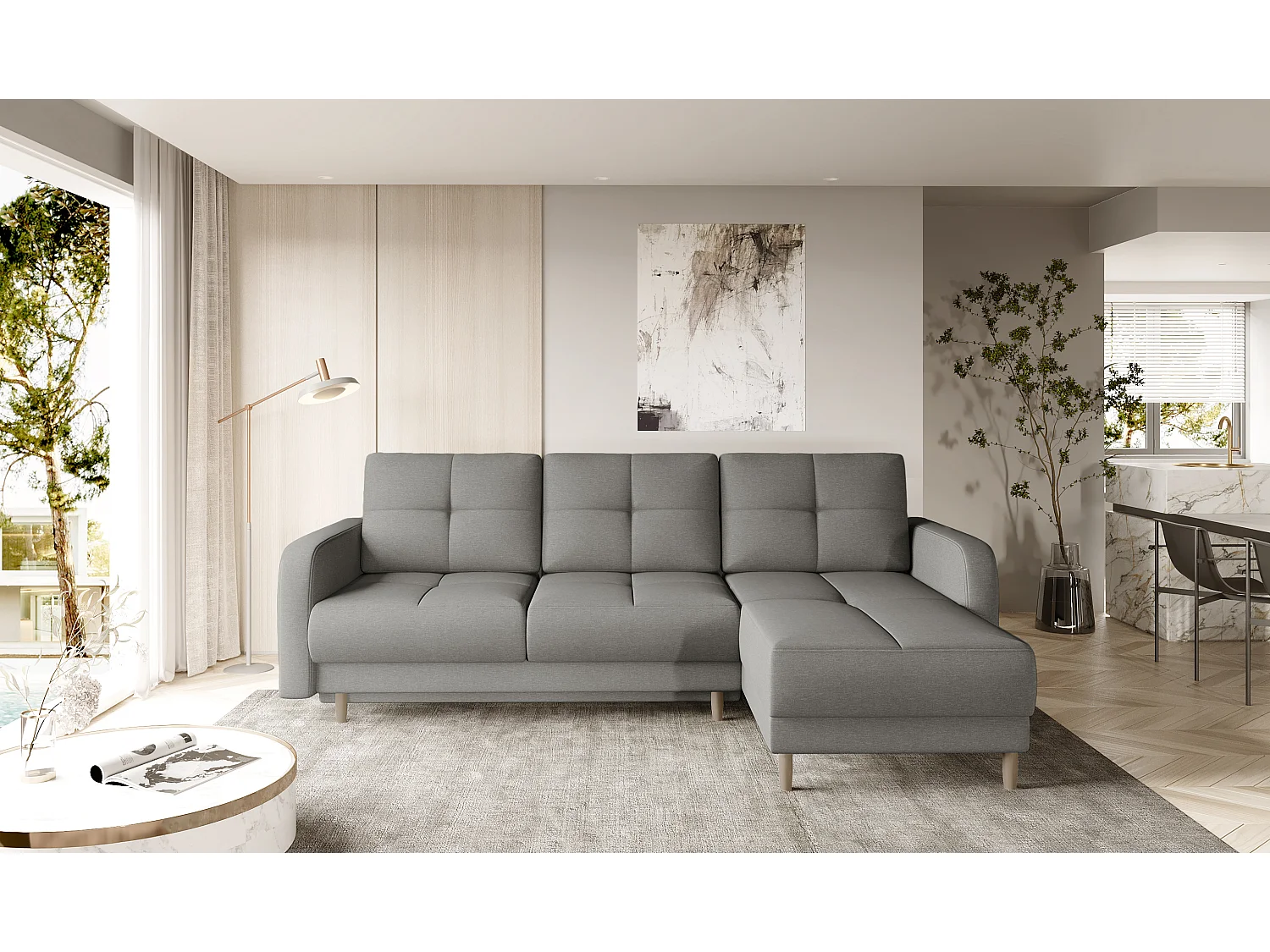Sofá esquinero convertible y reversible de tela KINDO - Patas de madera clara-Color Gris jaspeado