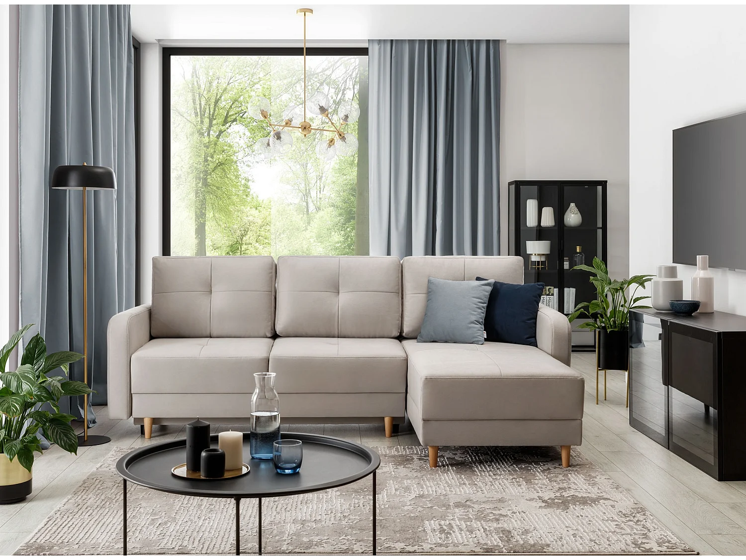 Canapé d'angle convertible et réversible tissu KINDO - Pieds bois clair-Gris chiné