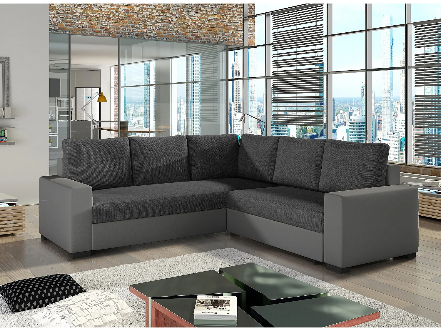 Canapé d'angle convertible simili gris et tissu gris foncé Travor 235cm