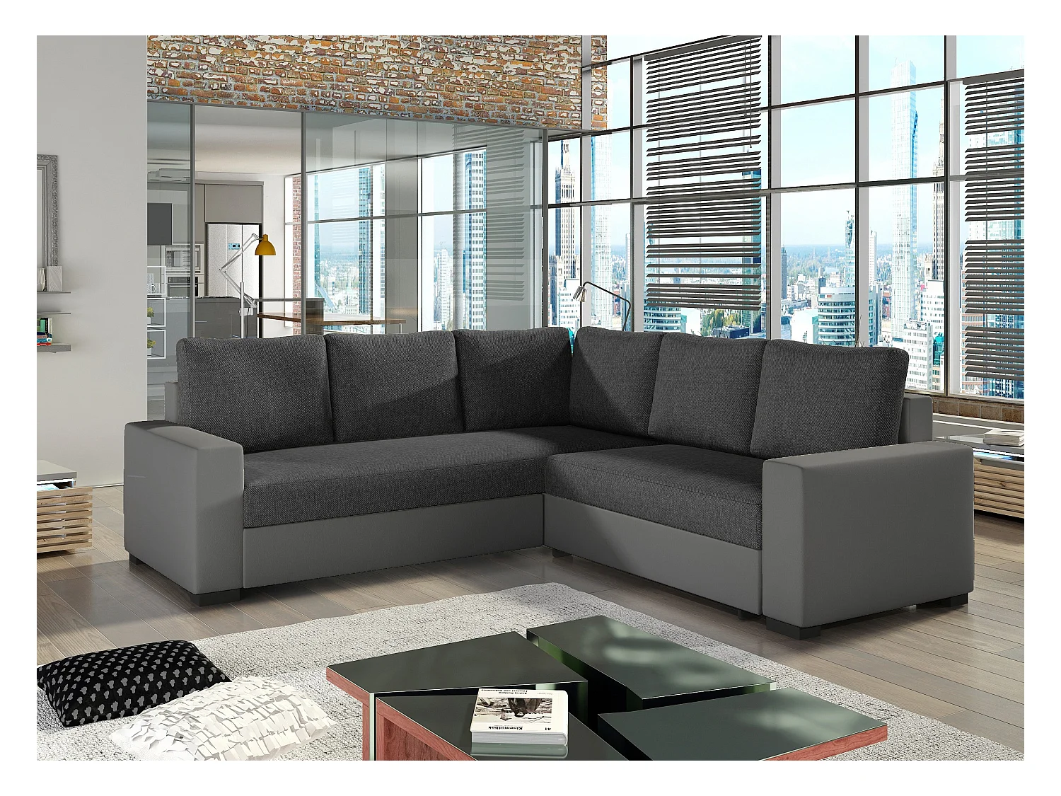 Converteerbare hoekbank in grijze imitatie en donkergrijze stof Travor 235 cm