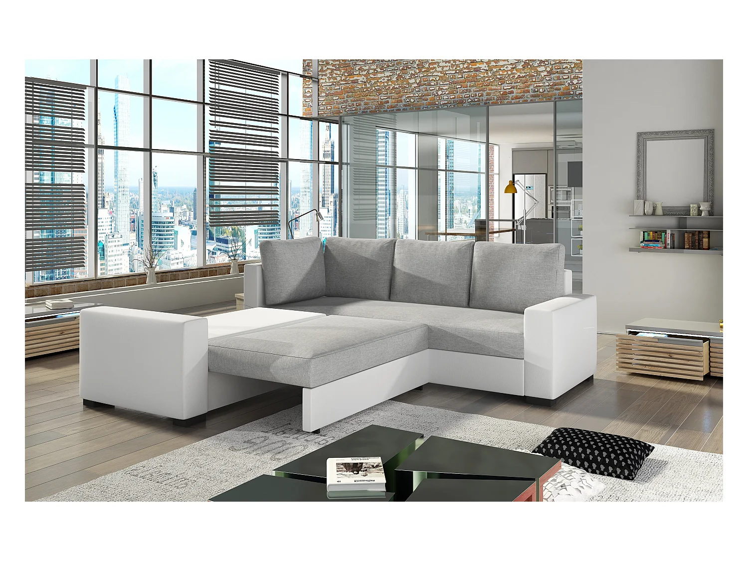 Converteerbare hoekbank in grijze imitatie en donkergrijze stof Travor 235 cm