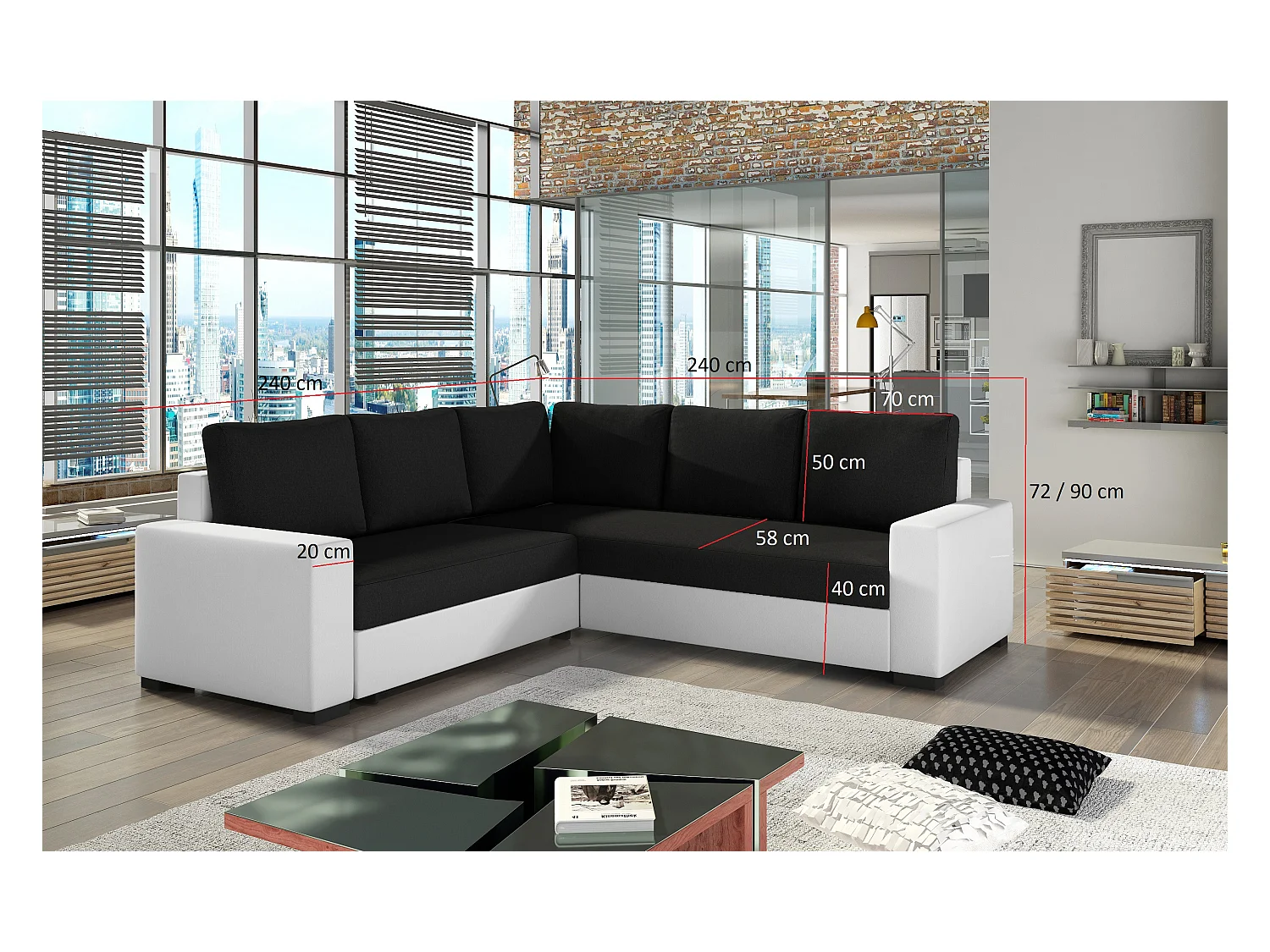 Converteerbare hoekbank in grijze imitatie en donkergrijze stof Travor 235 cm