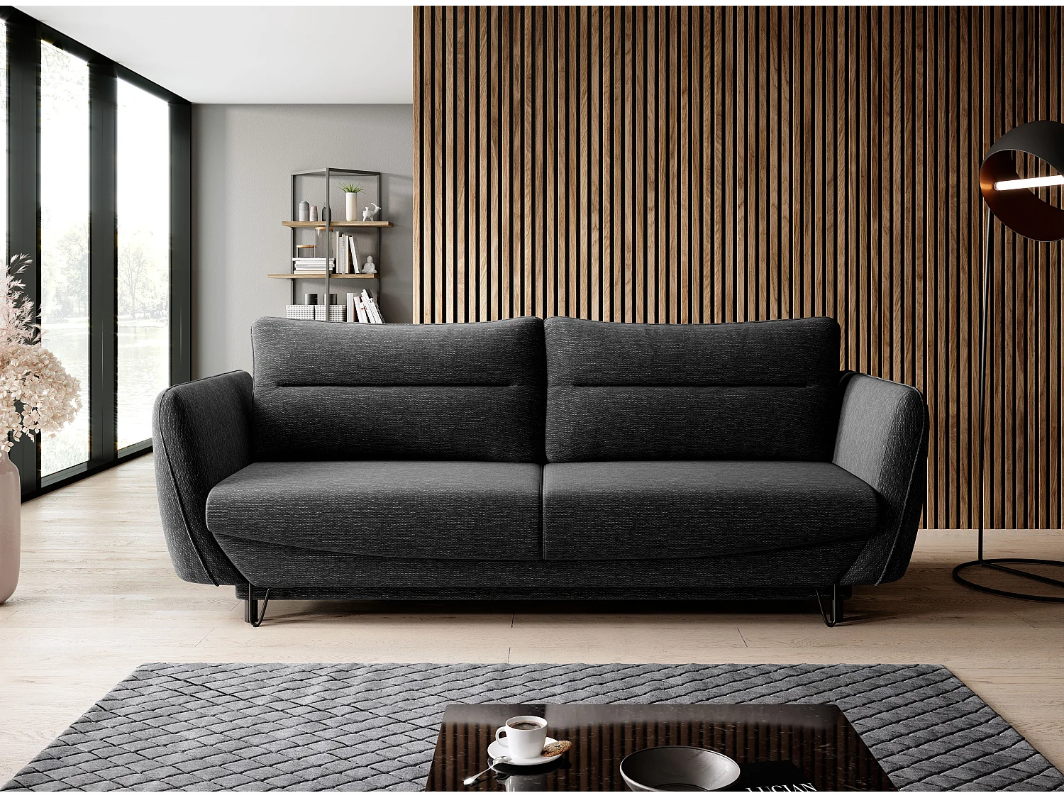 Sofá convertible recto de tela ZURIK - Caja de almacenaje y patas de metal negro-Negro moteado