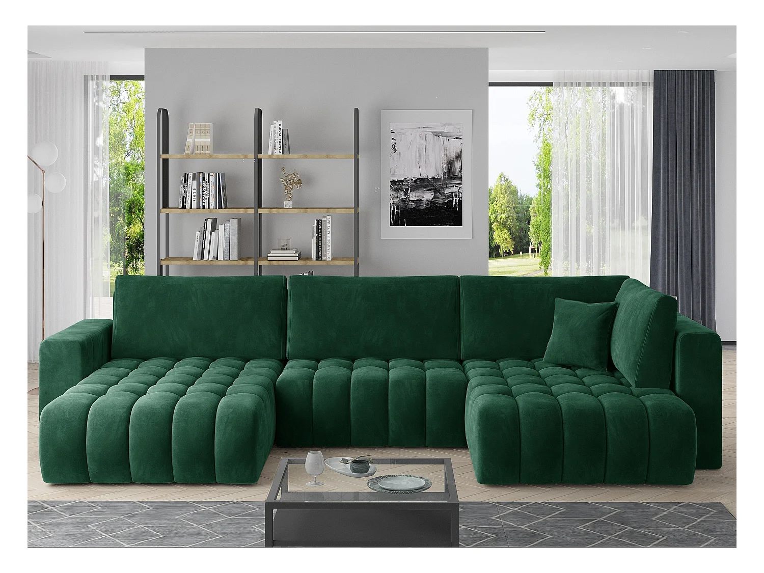 Canapé panoramique convertible design capitonné tissu doux vert méridienne gauche Boston 350cm