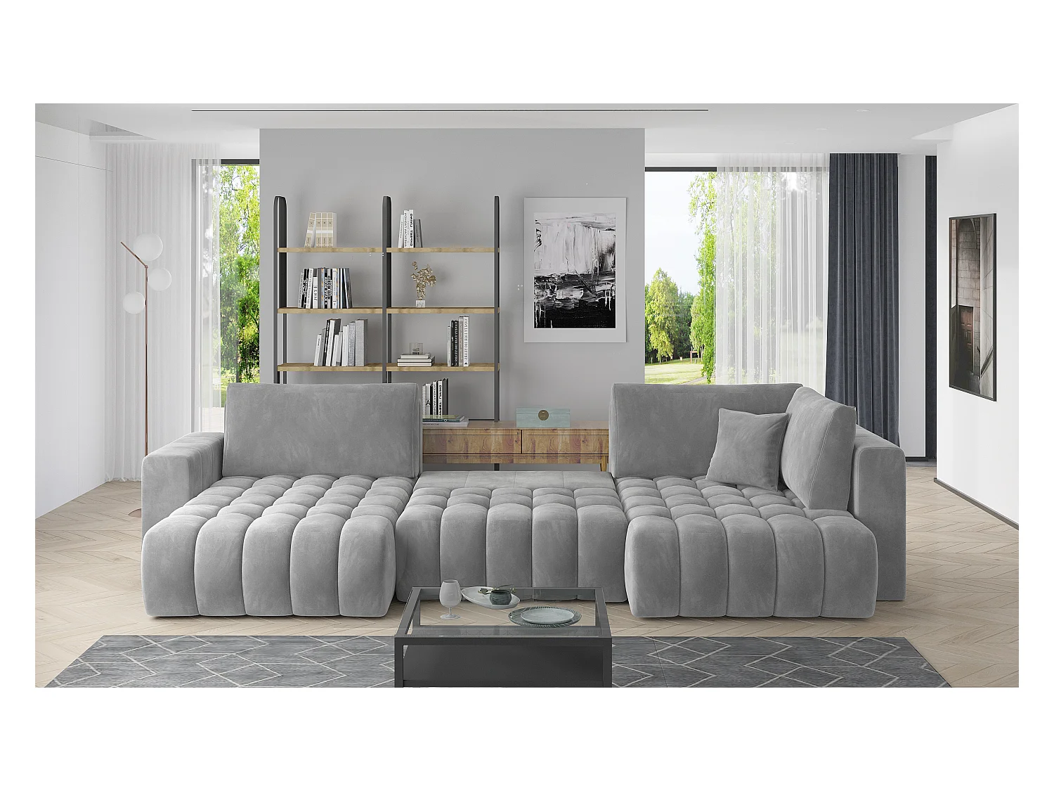 Canapé panoramique convertible design capitonné tissu doux vert méridienne gauche Boston 350cm