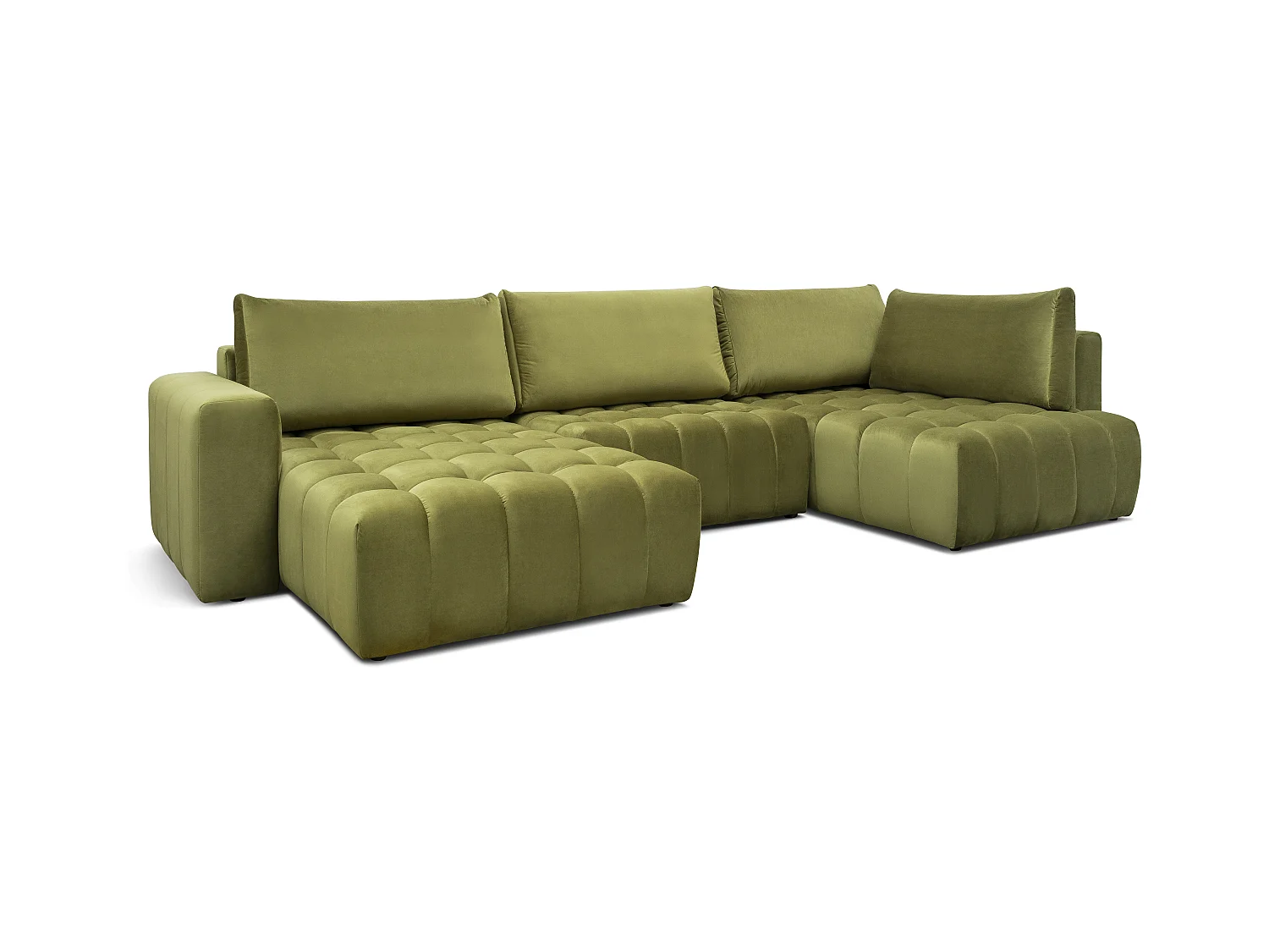 Canapé panoramique convertible design capitonné tissu doux vert méridienne gauche Boston 350cm