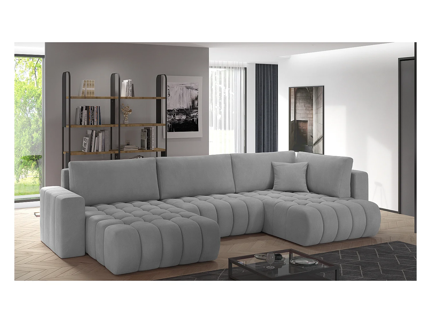 Canapé panoramique convertible design capitonné tissu doux vert méridienne gauche Boston 350cm