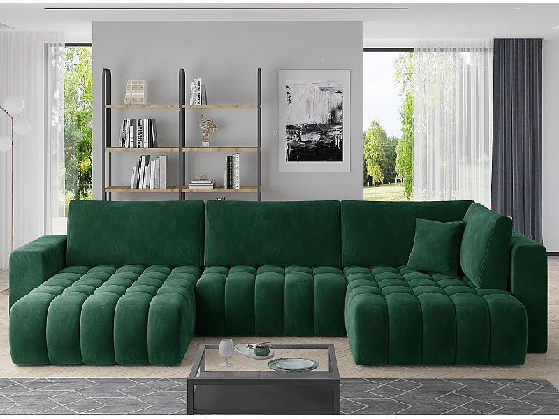 Canapé panoramique convertible design capitonné tissu doux vert méridienne gauche Boston 350cm